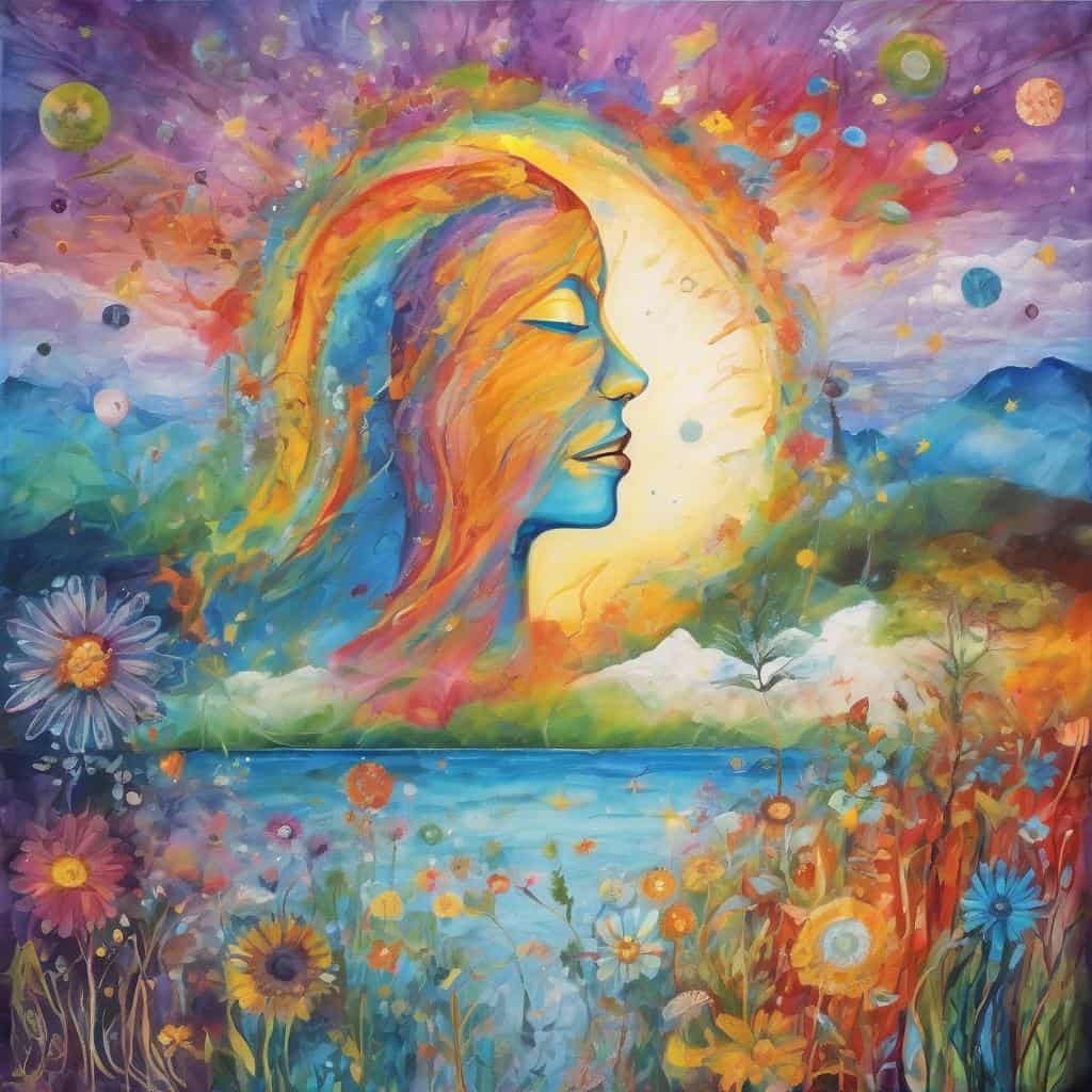 Ενεργειακή εικόνα θετικής στάσης με πολύχρωμο πρόσωπο και φυσικό τοπίο, εκφράζοντας ηρεμία και αυτοεκτίμηση.