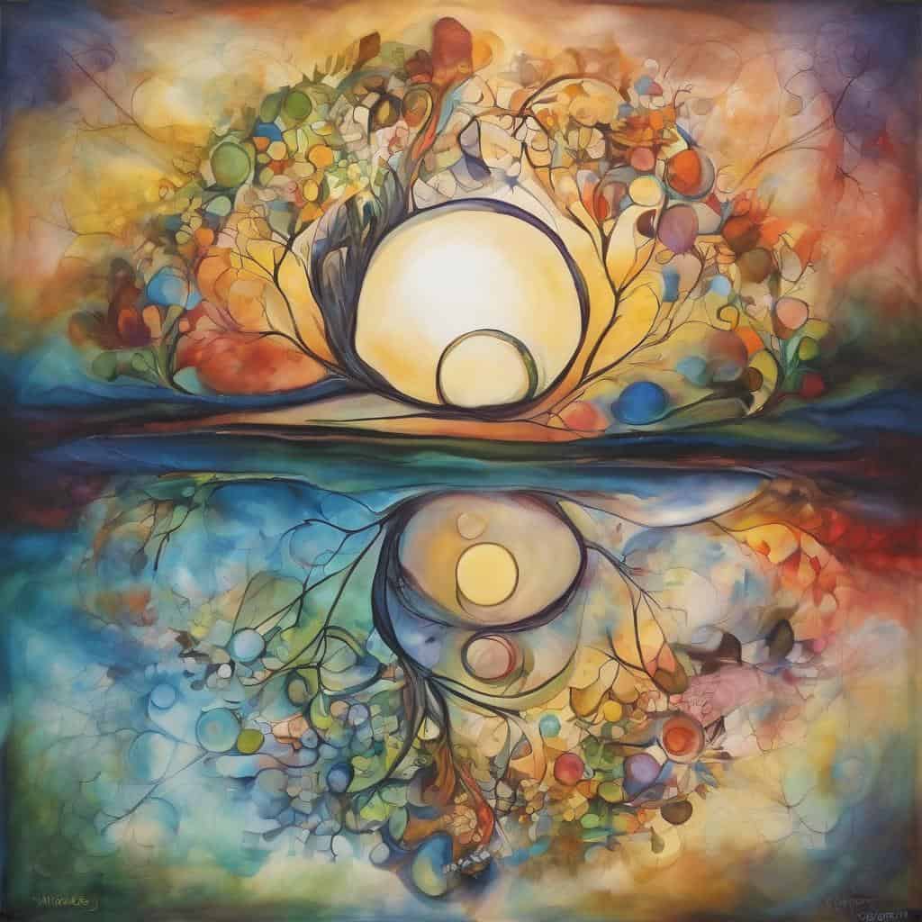 Αλτ κείμενο: Όμορφη αφηρημένη τέχνη με ηλιακές και σελήνια αναφορές, συμβολίζοντας θετική στάση.