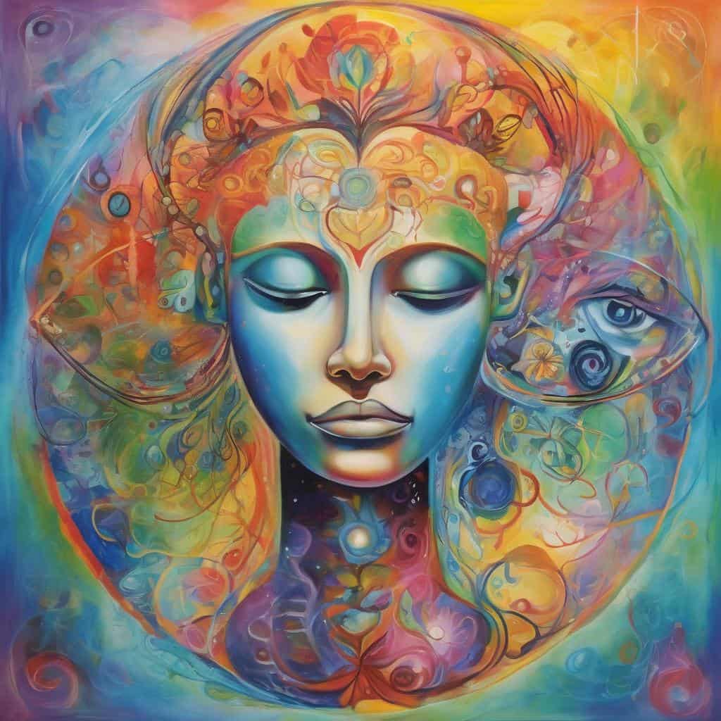 Πορτραίτο με πολύχρωμη ενεργειακή και θετική διάθεση, αναδεικνύοντας την εσωτερική γαλήνη και την αυτοεκτίμηση.