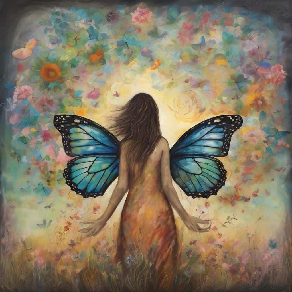 Ανθρώπινη κοπέλα με υπερμεγέθεις πεταλούδες φτερά σε ζωγραφιά με πολύχρωμα λουλούδια και έντονη θετική ενέργεια.