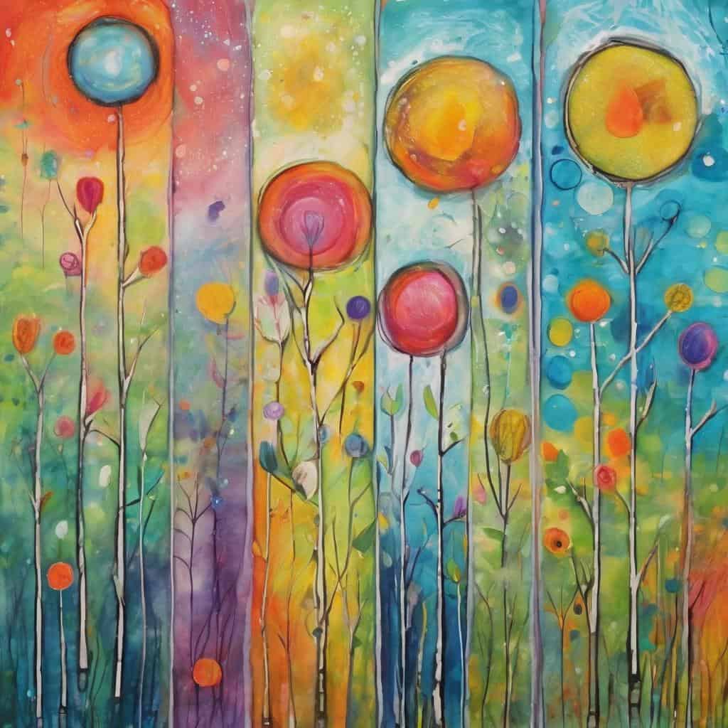 Ζωγραφική με πολύχρωμα λουλούδια και θετική ενέργεια, που αναδεικνύει την αισιοδοξία και την ευτυχία.